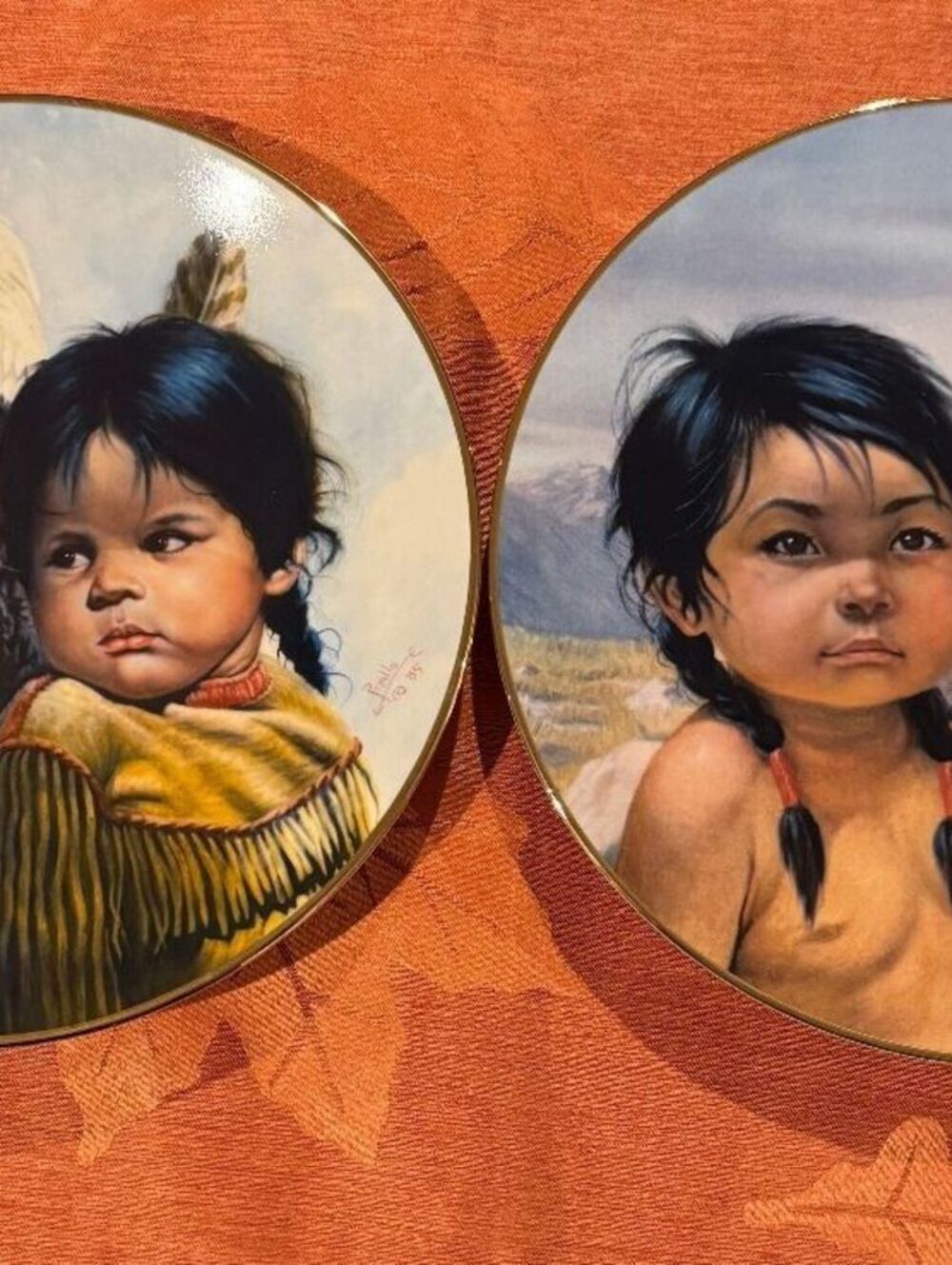 Gregory Perillo Pride of Americas Indians 2 Plate Set 1986 24K Gold Rim